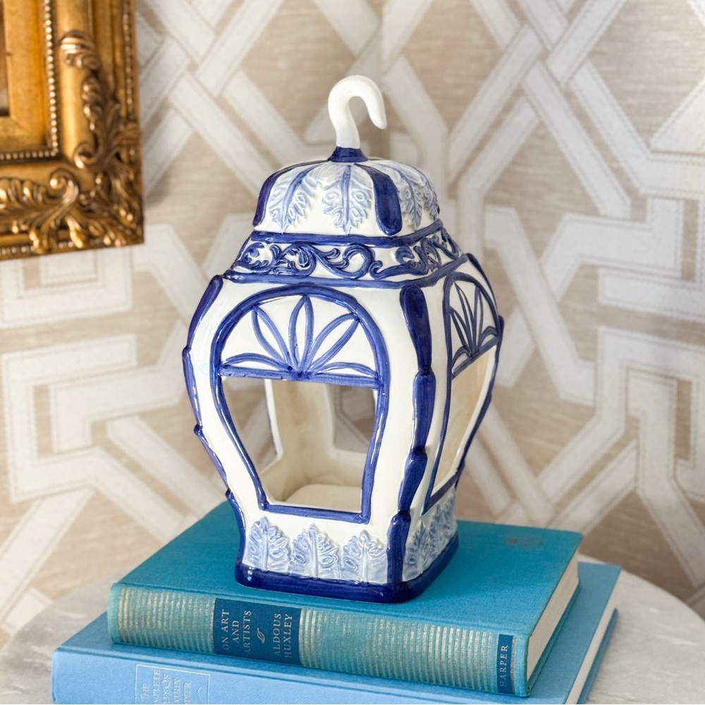 Chinoiserie Blue & White Lantern Candle Holder Majolica Style Pottery Porcelain